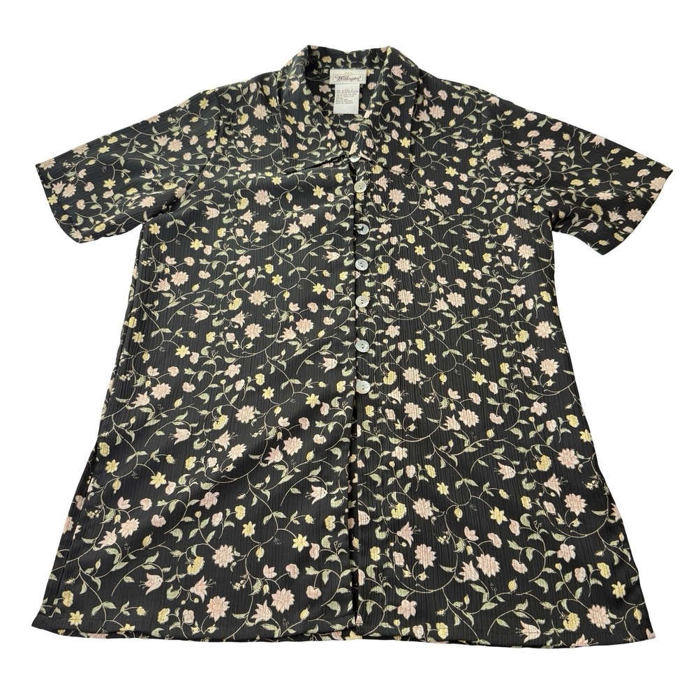 Worthington Womens Small Black Floral Textured Button Front Short Blouse Top